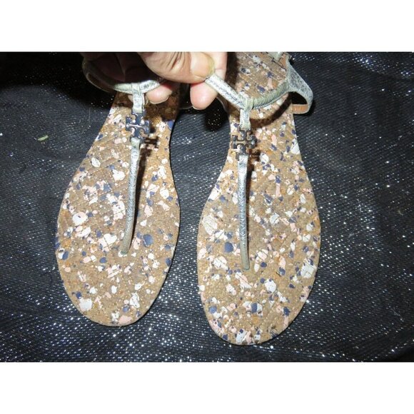 Tory Burch Marion Confetti Quilted Silver T Strap Leather Thong Sandals size 9 - Picture 1 of 4